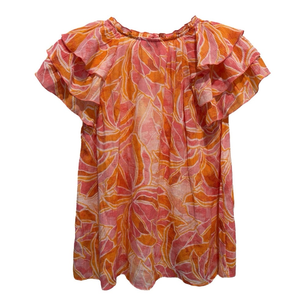 Nanette Lepore Top Womens Medium Floral Blouse Pink‎ Orange Ruffle Sleeve Sheer - Picture 2 of 6